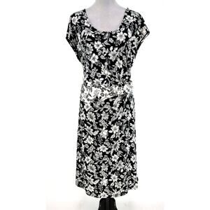 Lands End Dress Plus Sz 2X Black Ivory Floral Stretch Knit Midi Fit n Flare 20W